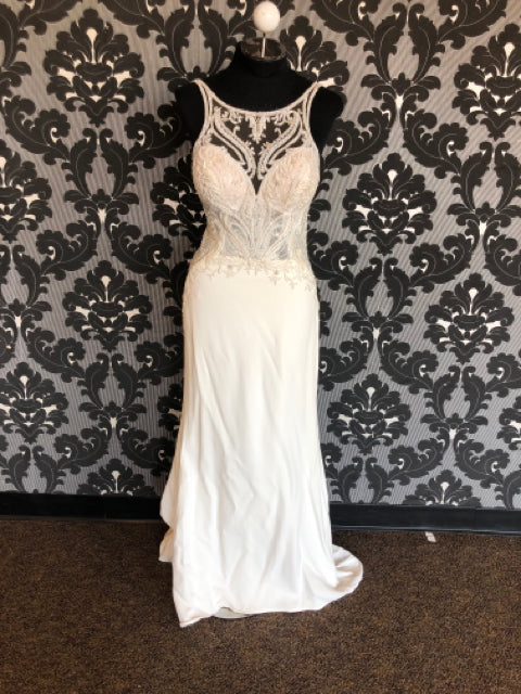 Martina Liana Wedding Dress Size 10 Crepe/Beaded Ivory Sleeveless Fit & Flare