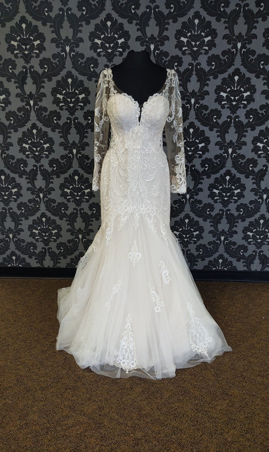 Stella York Wedding Dress Size 14 Lace/Sequin Ivory/Beige Long Sleeve