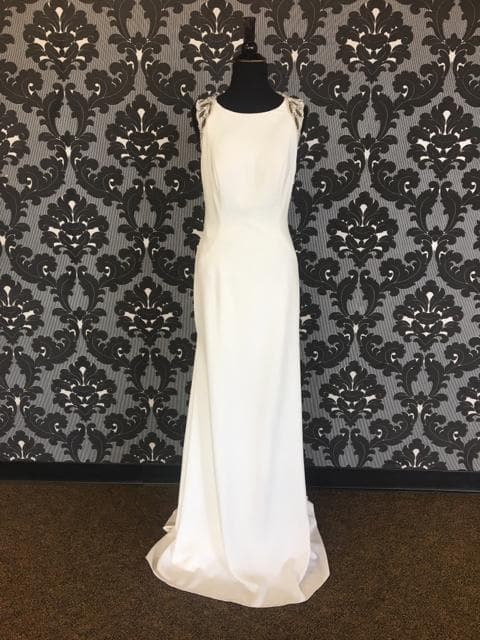 Size 8 Ivory Pronovias Jersey Highneck Sheath WEDDING DRESSES | Something Blue .