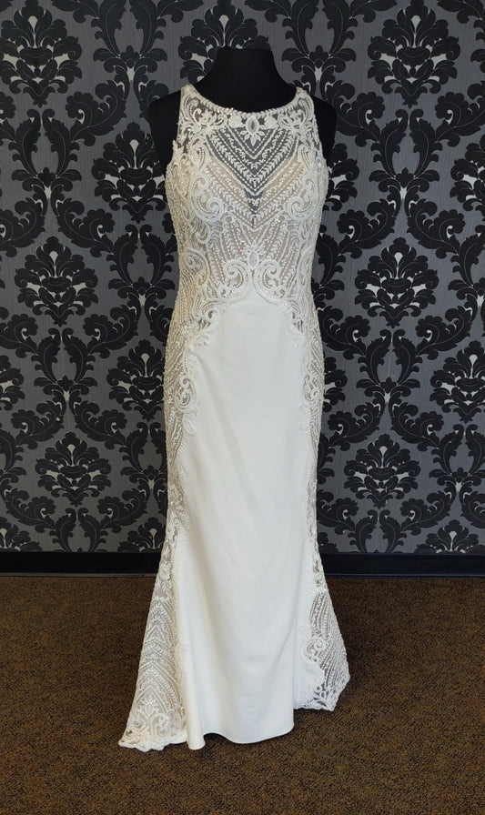 Casablanca 2390 Wedding Dress Size 12 Crepe/Lace Ivory Sleeveless Sheath