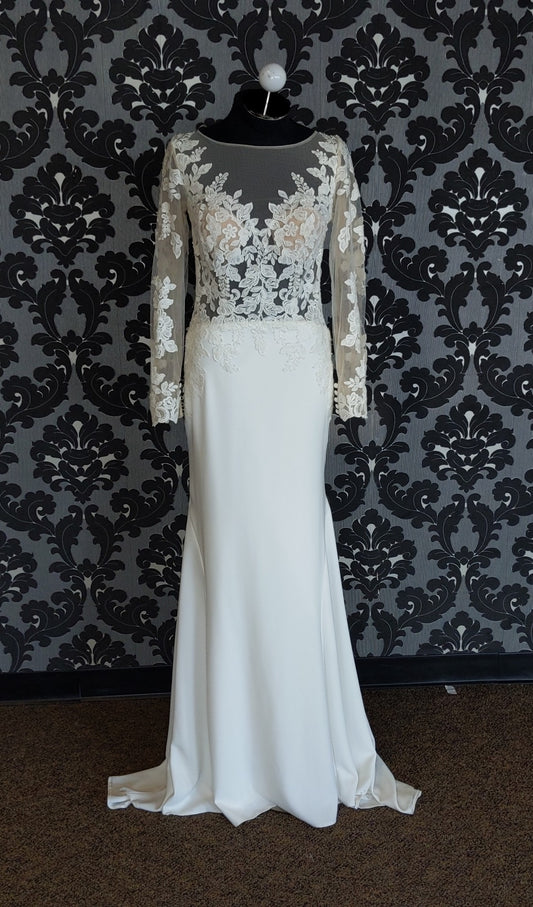 Mori Lee 5609 Wedding Dress Size 10 Crepe/Lace Ivory Long Sleeve Sheath