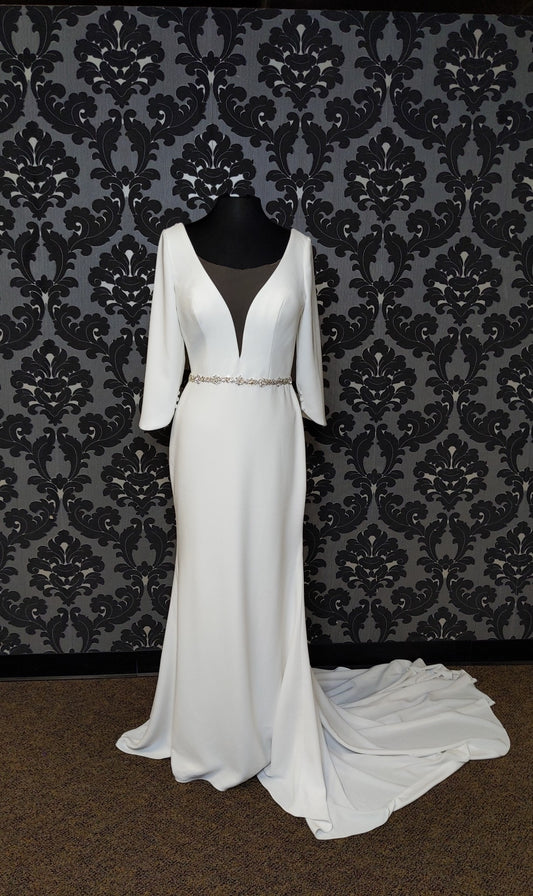 Casablanca BL307 Wedding Dress Size 12 Crepe/Beaded Ivory/Silver Sheath